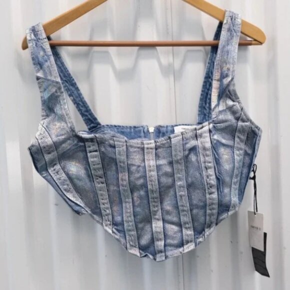 NWT Forever 21 Women's Denim Curved-Hem Top Metallic Stripes Bustier Size M - Picture 1 of 9